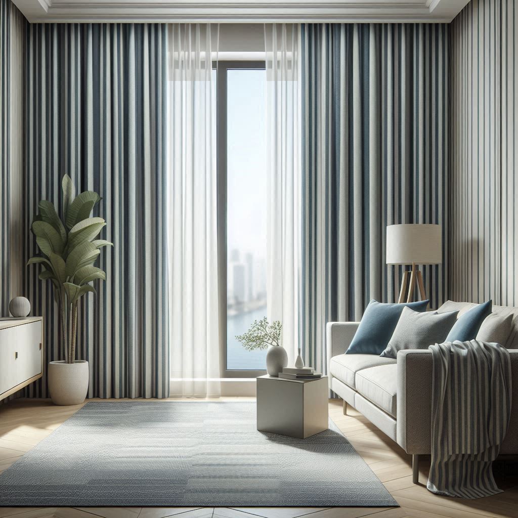 Modern Çizgili Blackout Fon Perde – Mavi/Beyaz – Güneş Işığını Engeller